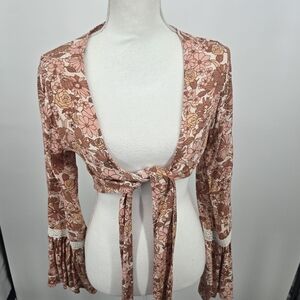 The Hippie Shake Orange Cream Floral Tie-Front Crop Top Size 10 (6560)